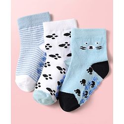 Cute Walk By Babyhug Knit Ankle Length Antibacterial Anti Skid Socks with Stripes & Paw Design Pack of 3 - Light Blue & White