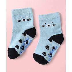Cute Walk By Babyhug Knit Ankle Length Antibacterial Anti Skid Socks with Stripes & Paw Design Pack of 3 - Light Blue & White