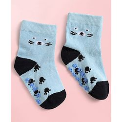 Cute Walk By Babyhug Knit Ankle Length Antibacterial Anti Skid Socks with Stripes & Paw Design Pack of 3 - Light Blue & White