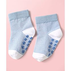 Cute Walk By Babyhug Knit Ankle Length Antibacterial Anti Skid Socks with Stripes & Paw Design Pack of 3 - Light Blue & White