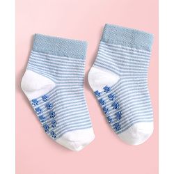 Cute Walk By Babyhug Knit Ankle Length Antibacterial Anti Skid Socks with Stripes & Paw Design Pack of 3 - Light Blue & White