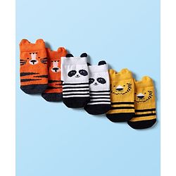 Cute Walk By Babyhug Cotton Knit Ankle Length Anti Bacterial Anti Skid Socks With Animal Print Pack Of 3 - Multi Colour