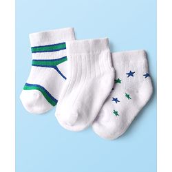 Cute Walk by Babyhug Knit Ankle Length Anti Bacterial Socks with Star Design & Stripes Pack of 3 - White