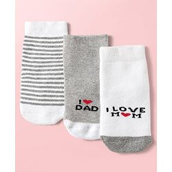 Cute Walk By Babyhug Knit Ankle Length Antibacterial  Socks with Stripes & I Love Mom & Dad Text Print Pack of 3 - Grey & White