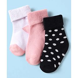 Cute Walk By Babyhug Knit Ankle Length Antibacterial  Socks with Polka Dot Print Pack of 3 -  Pink & White