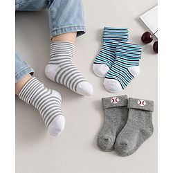 Cute Walk By Babyhug Knit Ankle Length Antibacterial Socks with Stripe Design Pack of 3 - Grey & Blue