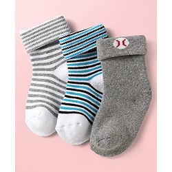 Cute Walk By Babyhug Knit Ankle Length Antibacterial Socks with Stripe Design Pack of 3 - Grey & Blue