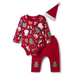 Babyhug 100% Cotton Knit Full Sleeves Christmas Printed Onesie with Leggings & Cap - Red