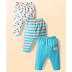 Babyhug Cotton Knit Full Length Diaper Leggings With Stripes & Unicorn Print Pack Of 3 - Light Blue & White