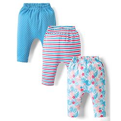 Babyhug Cotton Knit Full Length Leggings With Stripes & Floral Print Pack Of 3 - Light Blue & Dark Pink