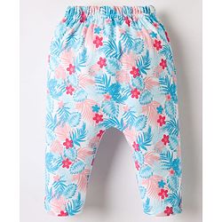 Babyhug Cotton Knit Full Length Leggings With Stripes & Floral Print Pack Of 3 - Light Blue & Dark Pink