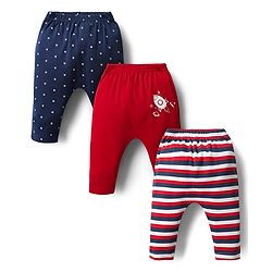 Babyhug Cotton Interlock Knit Full Length Diaper Leggings with Space Theme Print & Stripe Design Pack of 3 - Red & Blue