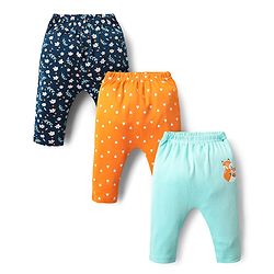 Babyhug Cotton Interlock Knit Full Length Diaper Leggings with Heart Floral & Fox Print Pack of 3 - Navy Blue Light Blue & Yellow