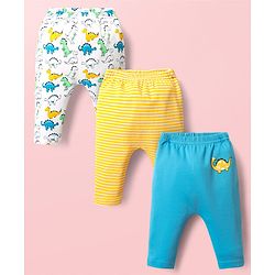 Babyhug Cotton Interlock Knit Full Length Diaper Leggings with Stripe Design & Dino Print Pack of 3 - White Yellow & Blue