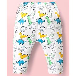 Babyhug Cotton Interlock Knit Full Length Diaper Leggings with Stripe Design & Dino Print Pack of 3 - White Yellow & Blue