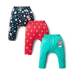 Babyhug Cotton Interlock Knit Full Length Diaper Leggings with Christmas Theme Print Pack of 3 - Red Light Blue & Navy Blue