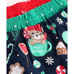 Babyhug Cotton Interlock Knit Full Length Diaper Leggings with Christmas Theme Print Pack of 3 - Red Light Blue & Navy Blue