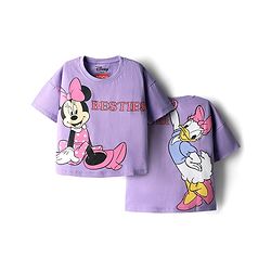 Babyhug Disney Single Jersey Knit Oversize Drop Shoulder Half Sleeve T-Shirt with Front and Back Minnie and Daisy Graphics - Lavender