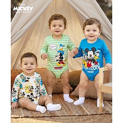 Babyhug Disney Interlock Knit Full Sleeves Onesies with Mickey Mouse Graphics Pack of 3 - White Blue & Green