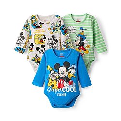 Babyhug Disney Interlock Knit Full Sleeves Onesies with Mickey Mouse Graphics Pack of 3 - White Blue & Green