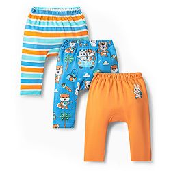 Babyhug Cotton Knit Full Length Diaper Leggings With Stripes & Animal Print Pack Of 3 - Orange Blue & Light Blue