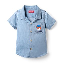 Babyhug Cotton Woven Half Sleeves Resort Collar Denim Washed Shirt with Animal Print - Blue