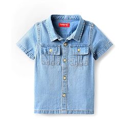 Babyhug 100% Cotton Half Sleeves Denim Shirt With Back Text Print - Blue