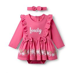 Babyhug 100% Cotton Interlock Knit Full Sleeves Frock Onesie with Floral Print Bow Applique & Headband - Pink