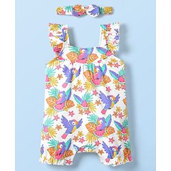 Babyhug 100% Cotton Interlock Knit Sleeveless Romper with Birds & Floral Print & Headband - White