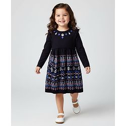 Babyhug Sweater Knit Full Sleeves Woollen Dress With Floral Embroidered - Navy Blue