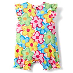 Babyhug 100% Cotton Knit Frill Sleeves Romper With Floral Print - Multicolor