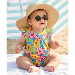 Babyhug 100% Cotton Knit Frill Sleeves Romper With Floral Print - Multicolor