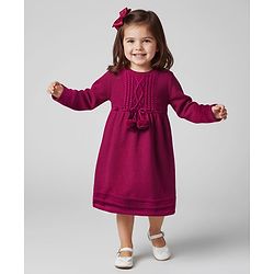 Babyhug Sweater Knit Full Sleeves Woollen Dress with Cable Knit Design - Burgandy