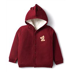 Babyhug Knit Full Sleeves Hooded Front Open Sweater with Bear Patch - Dark Red