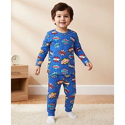 Babyhug Cotton Knit Full Sleeves Co-Ord Night Suit With Text Print - Blue