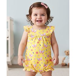 Babyhug 100% Cotton Interlock Knit Sleeveless Romper with Butterfly & Floral Print - Yellow
