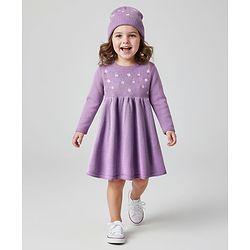 Babyhug Full Sleeves Sweater Knit Woollen Dress With Floral Design - Lilac