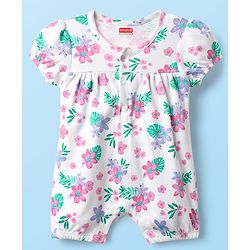 Babyhug 100% Cotton Interlock Knit Half Sleeves Romper with Floral Print - White