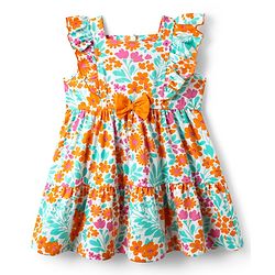 Babyhug Cotton Knit Frilled Sleeves Frock with Bow Applique & Floral Print - Orange