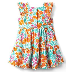 Babyhug Cotton Knit Frilled Sleeves Frock with Bow Applique & Floral Print - Orange