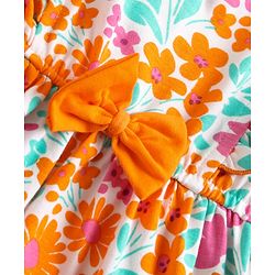 Babyhug Cotton Knit Frilled Sleeves Frock with Bow Applique & Floral Print - Orange