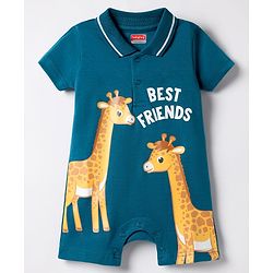 Babyhug 100% Cotton Interlock Knit Half Sleeves Collared Romper with Giraffe Print - Navy Blue