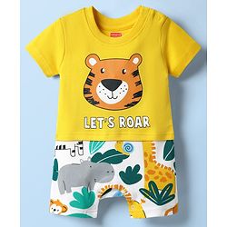 Babyhug 100% Cotton Interlock Knit Half Sleeves Romper with Animal Print - Yellow