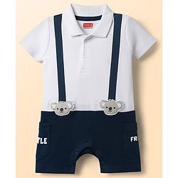 Babyhug 100% Cotton Interlock Knit Half Sleeves Collared Romper with Koala Patch - Navy Blue