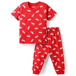 Babyhug Cotton Knit Half Sleeves Co-Ord Night Suit With Vehicles Print - Red
