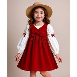 Babyhug Cotton Knit Frock & Full Balloon Sleeves Inner Tee With Bow Applique - Red & White