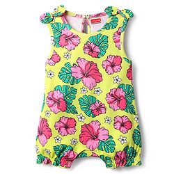 Babyhug 100% Cotton Knit Sleeveless Romper with Floral Print & Bow Applique - Yellow
