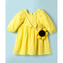 Babyhug Cotton Knit Full Balloon Sleeves Solid Frock With Sunflower Sling Bag - Yellow