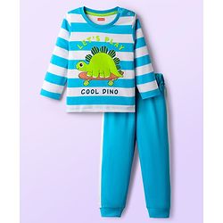 Babyhug Cotton Knit Full Sleeves Striped Night Suit With Dino Print - Blue & White