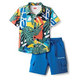 Babyhug Single Jersey Knit Half Sleeves Shirt & Short Set With Tropical Theme Print - Green & Blue